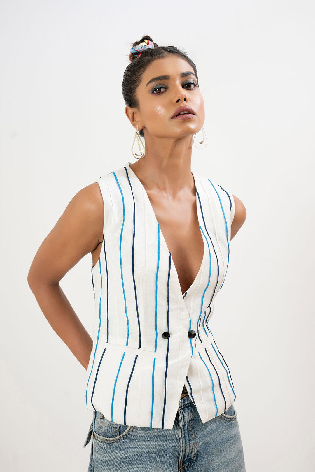 White Stria Double Breasted Waistcoat